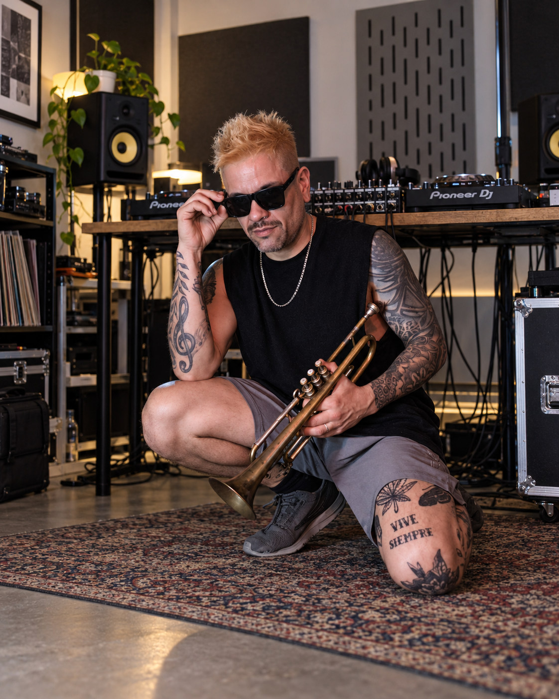 Facu Avalos en su estudio con trompeta